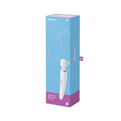 Caixa azul e roxa com vibrador branco e texto Satisfyer Wand-er Women
