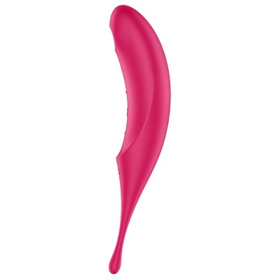 Vibrador rosa curvado de silicone em fundo branco