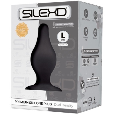 Embalagem de plug de silicone preto SILEXD tamanho L com texto e ícones informativos