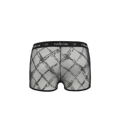 Cuecas boxer masculinas brancas com padrão xadrez preto e cintura elástica preta com texto PASSION
