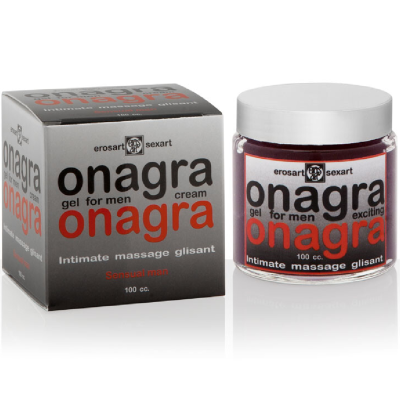 Frasco e caixa de creme onagra para homens com texto em cinza, preto e vermelho.