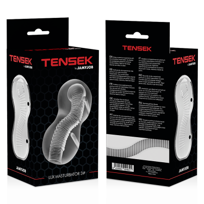 Embalagem preta do masturbador Tensek Lux Masturbator 3# com texto vermelho e branco