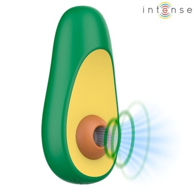 Difusor elétrico em forma de abacate com cores verde, amarelo e marrom em fundo branco
