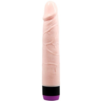 Vibrador realístico cor de pele com base preta e botão roxo