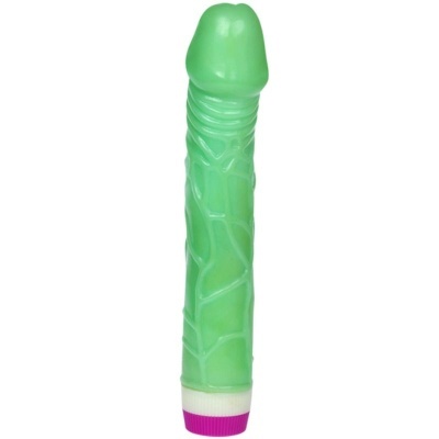 vibrador verde translúcido com textura veia e botão rosa na base