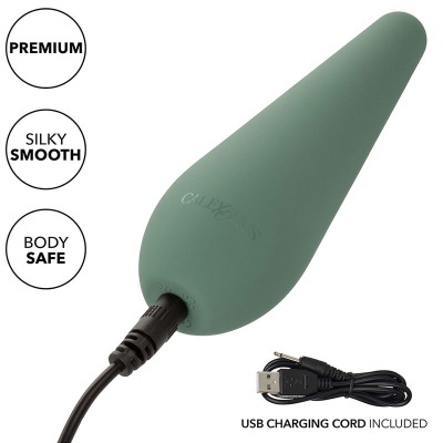 Produto cónico verde-acinzentado com cabo USB preto e etiquetas de características em círculos