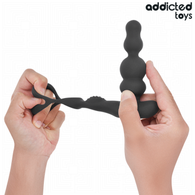 Produto preto de silicone com três esferas em fundo branco e texto addicted toys