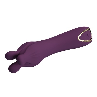 Vibrador roxo de silicone com duas pontas e detalhe dourado