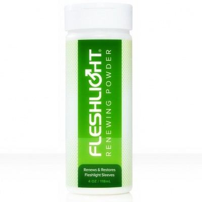 Frasco branco com rótulo verde do pó renovador Fleshlight