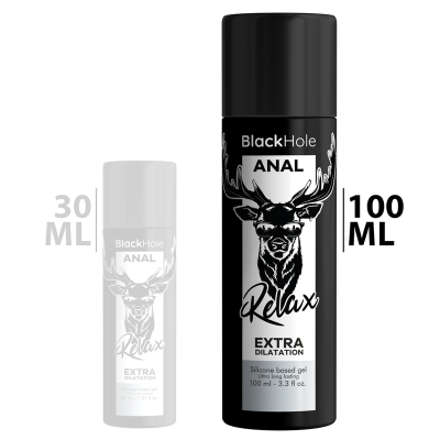 Dois frascos de gel lubrificante BlackHole ANAL Relax Extra Dilatation, preto e branco, com capacidade 100 ml e 30 ml