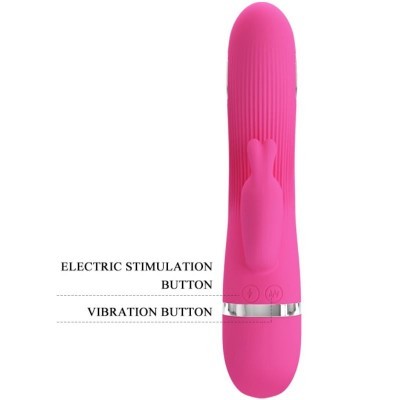 Vibrador rosa com textura estriada e acessórios, botões com texto, anel prateado na base