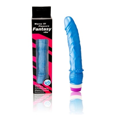 Vibrador azul translúcido com embalagem preta e rosa