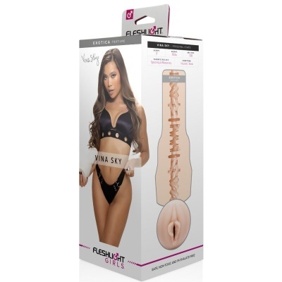 Embalagem de produto Fleshlight Girls modelo Vina Sky com imagem de mulher e textura interna