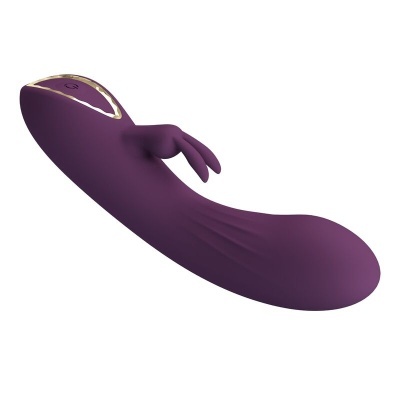 Vibrador roxo em silicone com detalhes dourados e formato curvo