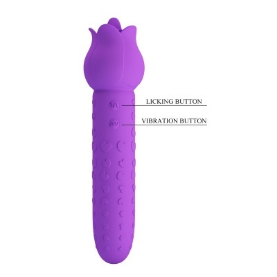 Vibrador roxo com textura de corações e botões etiquetados