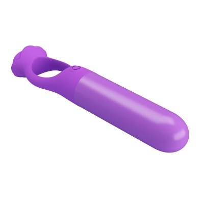 Vibrador roxo com botão de energia sobre fundo branco