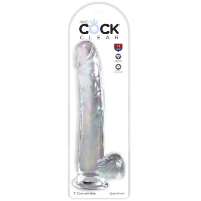 Dildo transparente em embalagem branca com texto KING COCK CLEAR