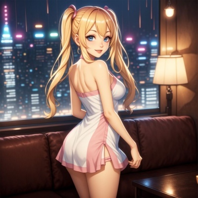 Boneca animada com vestido branco e rosa em interior junto a janela com vista urbana noturna