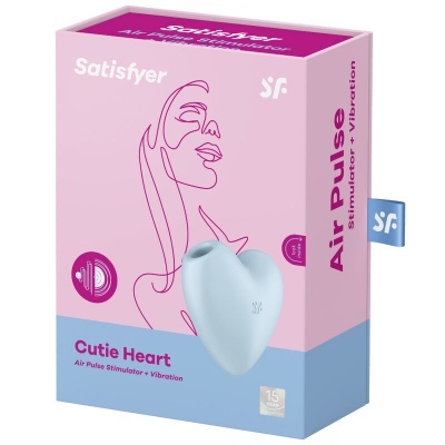Embalagem rosa e azul claro do estimulador Satisfyer Air Pulse Cutie Heart em forma de coração azul