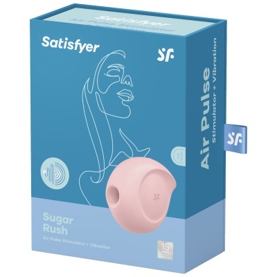 Caixa azul do Satisfyer Air Pulse Sugar Rush com produto rosa esférico em silicone
