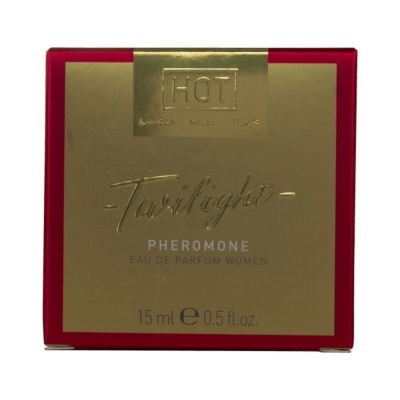 Embalagem dourada e vermelha de perfume feminino Twilight Pheromone