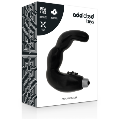 Embalagem de produto com massageador anal preto e texto Addicted Toys