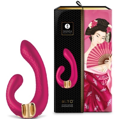 Vibrador rosa com embalagem preta e rosa com arte de mulher oriental