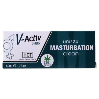 Embalagem do creme unissexo V-Activ Masturbation cream com design branco e verde escuro