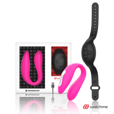 Dispositivo WearWatch rosa com controlador preto e carregador USB, embalagem da marca WatchMe