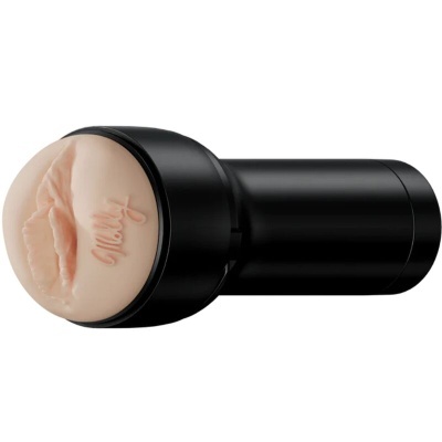 Produto cilíndrico preto com tampa e parte superior cor pele com relevo de lábios