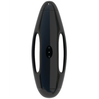 Dispositivo portatil negro com formato oval e painel central com símbolos brancos