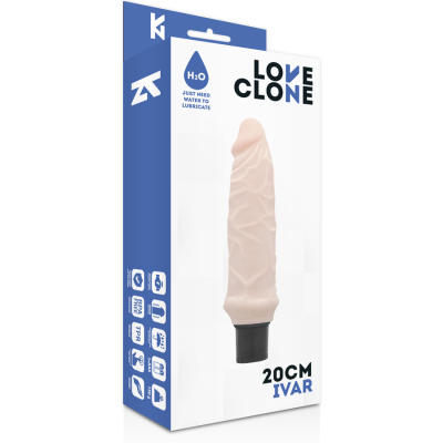 Embalagem do vibrador Love Clone IVAR 20CM com imagem do produto e informações no fundo branco e azul.