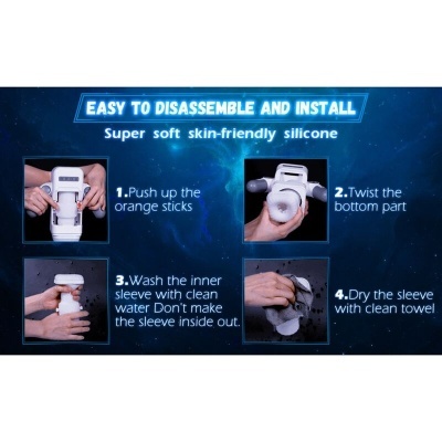 Instruções para desmontar e montar dispositivo de silicone macio em quatro passos com fotos e texto em inglês.