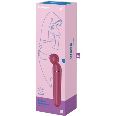 Embalagem rosa e roxa de vibrador Satisfyer Wand-er com texto e imagem line art