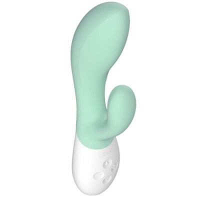 Vibrador verde-água com base branca e botões