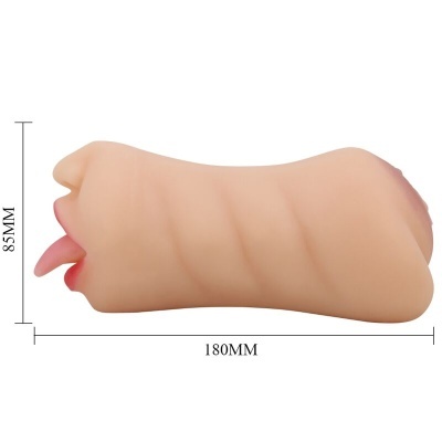 Produto cilíndrico bege com lábios vermelhos e língua rosa, com medidas 180MM x 85MM.