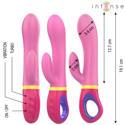 Vibrador rosa com botões e medidas visíveis