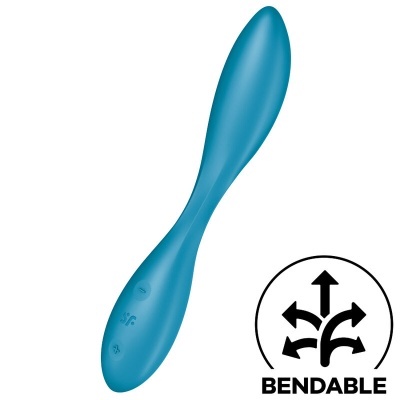 Produto azul alongado de silicone flexível com iconografia e texto BENDABLE