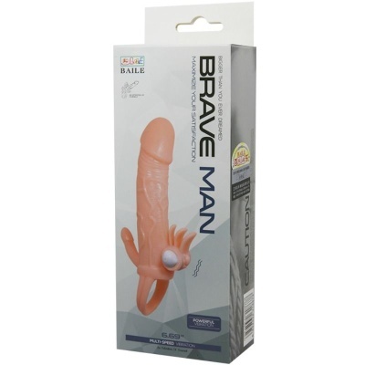 embalagem de produto BRAVE MAN com dildo de silicone cor pele e anel com vibração