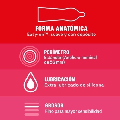Descrição em texto branco sobre fundo vermelho e rosa de preservativo com forma anatómica, perímetro de 56 mm, lubrificação de silicone e grosso fino