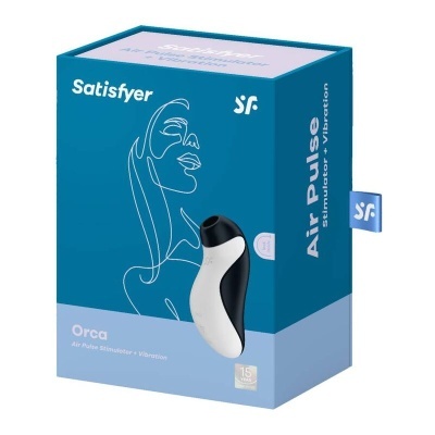 Embalagem azul do estimulador Satisfyer Orca com imagem do dispositivo e textos promocionais.