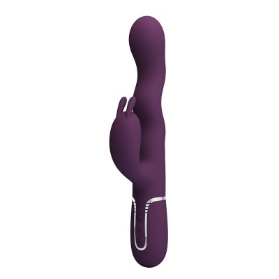 Vibrador roxo com duas extremidades e botões de controlo.