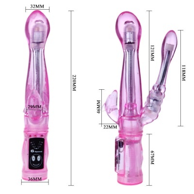 Vibrador cor-de-rosa translúcido com controle digital e medidas