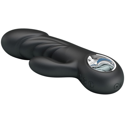 Vibrador preto texturizado com botão e detalhe prateado circular