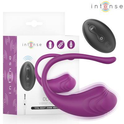 Vibrador roxo com controle remoto preto e embalagem da marca intense