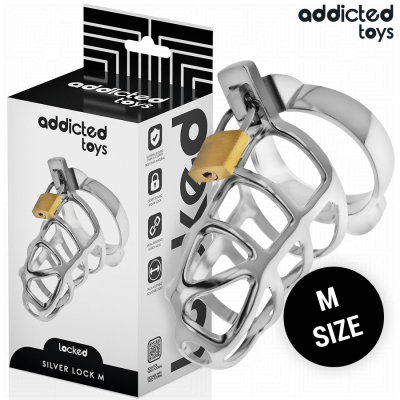 Coletor castidade masculino prateado com cadeado dourado e embalagem da marca addicted toys.
