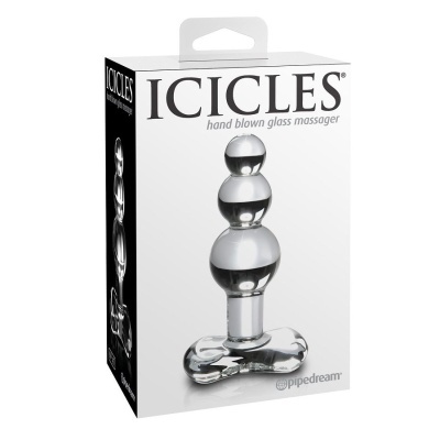 Caixa branca com massajador em vidro transparente e texto ICICLES, hand blown glass massager, pipedream