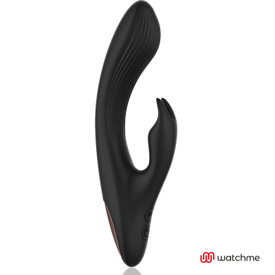 Vibrador anatómico preto com botões em fundo branco
