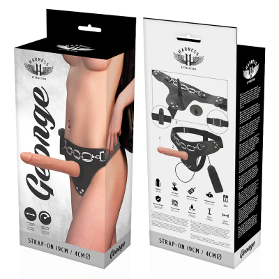 Caixa de strap-on com dildo cor de pele e correias pretas