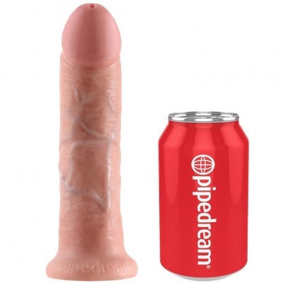Dildo realista cor de pele ao lado de lata vermelha com texto pipedream